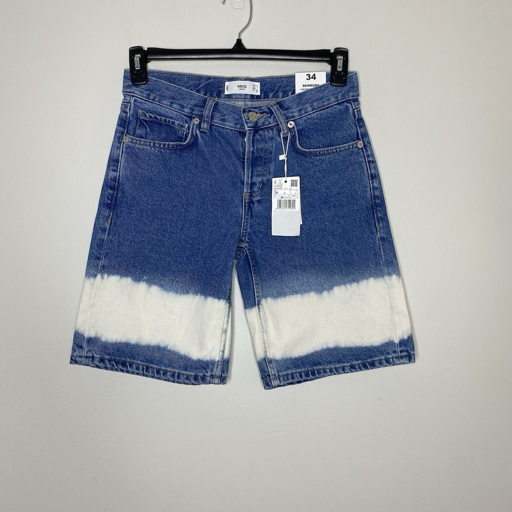 MNG Mango‎ Denim Bermuda Shorts Womens US 2 Blue Tie Dye Low Rise Button Fly